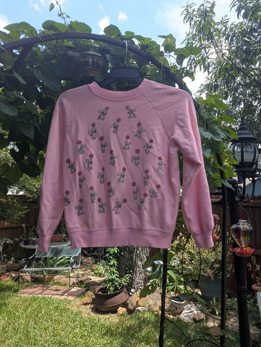 80's Pink Crewneck Sweater with Balloon Bunny Print